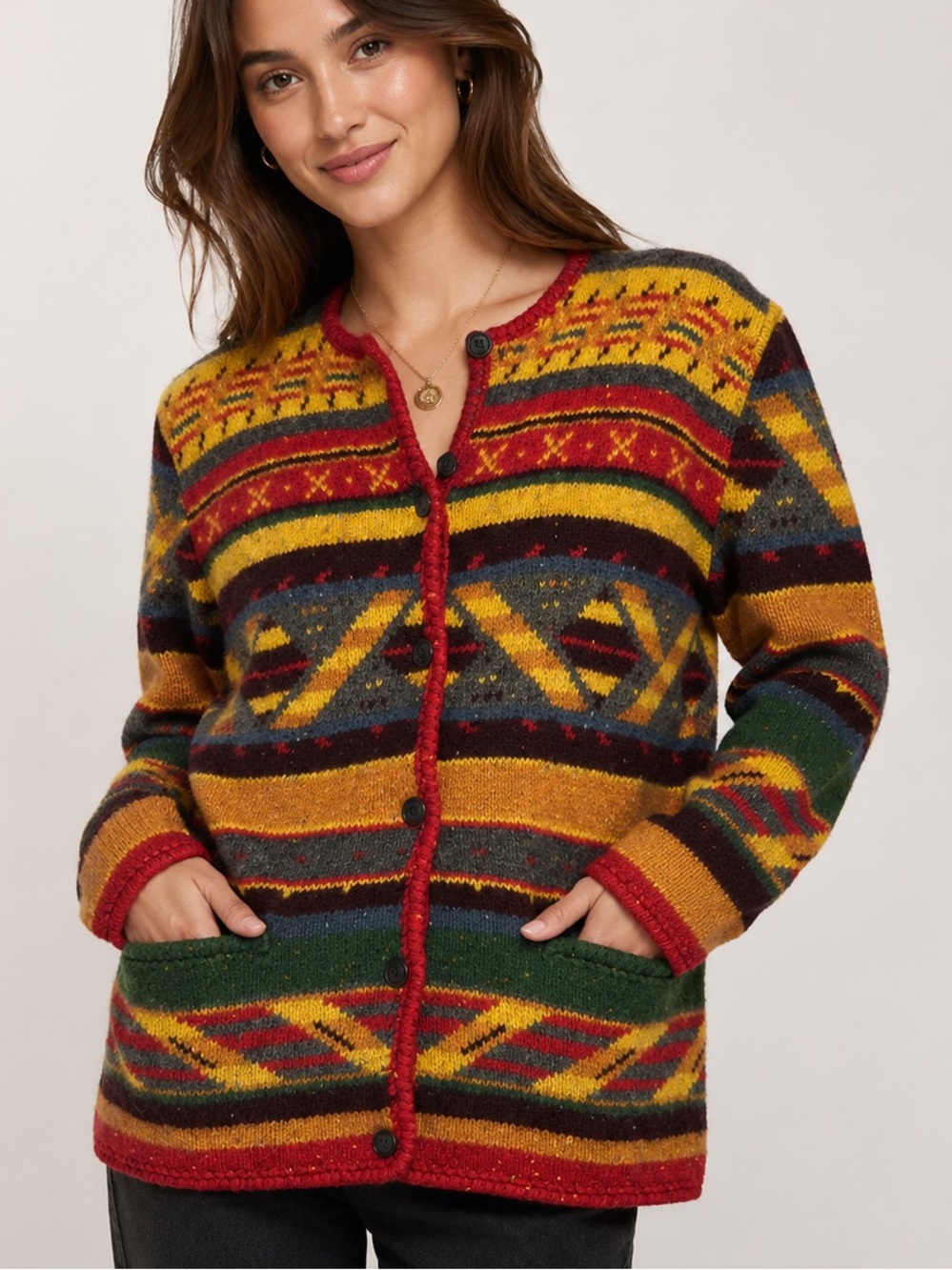 LT Sport Woolmark Shetland Wool Cardigan XL 80s 90s Geometric Sweater